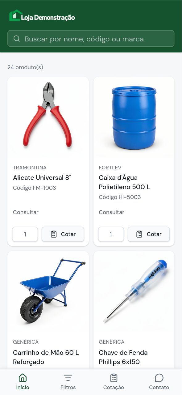 Catálogo com carrinho de cotação no celular